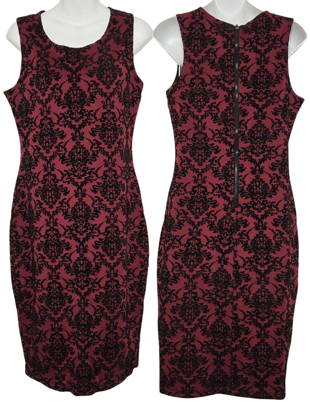 Olivia Matthews Wine Damask Flocked Sheath Dress Sleeveless Cocktail Size 10